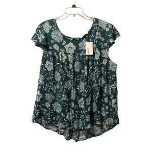 Sonoma Goods For Life Womens 2X Floral Babydoll Top Teal Green Rayon Boho Blouse